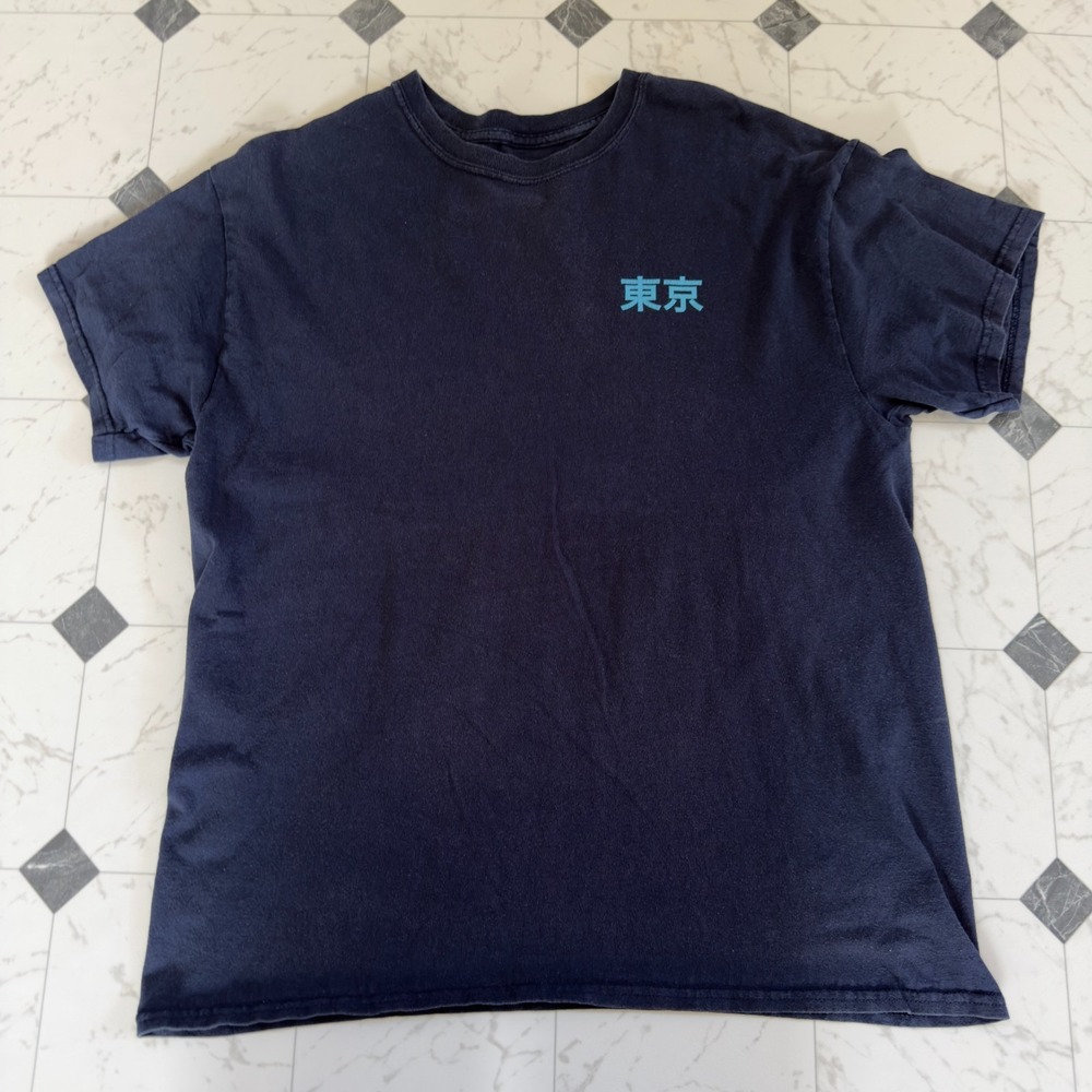 Blue Crown Tokyo Kanji Japanese Wave Graphic T-Shirt Men's Large Navy 100% Cotto